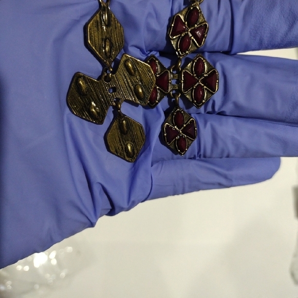 Burgundy Petal Cross Earrings – Gold-Tone Floral Dangles Statement Jewelry - Picture 8 of 9